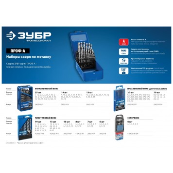 29625-H20-P | Набор сверл по металлу 20 шт (d=0,33-1,0 мм), Проф-А, класс А, сталь Р6М5, ЗУБР ПРОФЕССИОНАЛ-1