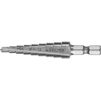 29660-4-12-9 | Сверло ступенчатое по сталям и цвет.мет., сталь HSS, d=4-12мм, 9ступ.d 4-12, L- 65 мм,шестигран. хвост.1/4", STAYER MASTER-0