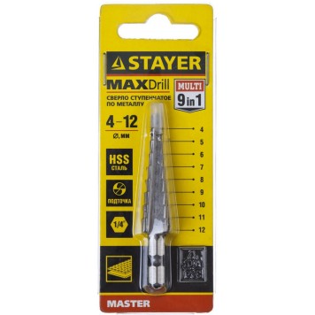 29660-4-12-9 | Сверло ступенчатое по сталям и цвет.мет., сталь HSS, d=4-12мм, 9ступ.d 4-12, L- 65 мм,шестигран. хвост.1/4", STAYER MASTER-2
