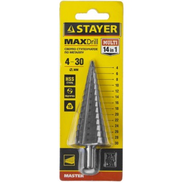 29660-4-30-14 | Сверло ступенчатое по сталям и цвет.мет., сталь HSS, d=4-30мм, 14ступ.d4-30, L-100мм, трехгран. хв.10мм, STAYER MASTER-2