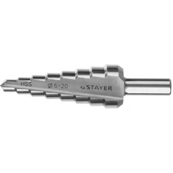 29660-6-20-8 | Сверло ступенчатое по сталям и цвет.мет., сталь HSS, d=6-20мм,8ступ.d 6-8-10-12-14-16-18-20,L-75мм,3-х гран.хв. 8мм, STAYER MASTER-0