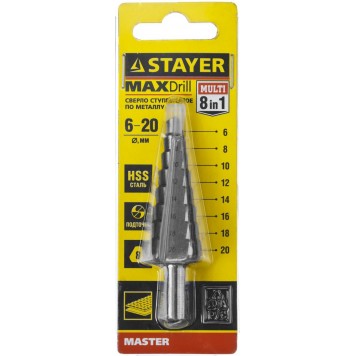 29660-6-20-8 | Сверло ступенчатое по сталям и цвет.мет., сталь HSS, d=6-20мм,8ступ.d 6-8-10-12-14-16-18-20,L-75мм,3-х гран.хв. 8мм, STAYER MASTER-2