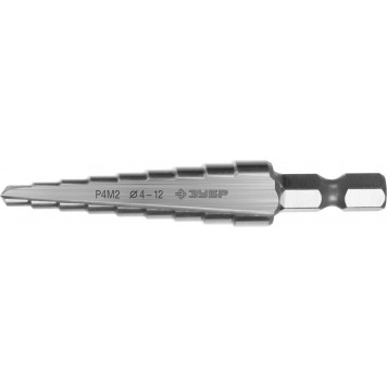 29665-4-12-9 | Сверло ступенчатое по сталям и цвет.мет., быстрорежущая сталь, d=4-12мм, 9ступ.d=4-12, L- 65 мм,шестигран. хвост.1/4", ЗУБР МАСТЕР-0