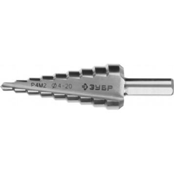 29665-4-20-9 | Сверло ступенчатое по сталям и цвет.мет., быстрорежущая сталь, d=4-20мм, 9ступ.d=4-20, L-75 мм,трехгран. хвост. 8мм, ЗУБР МАСТЕР-0