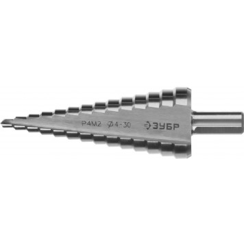 29665-4-30-14 | Сверло ступенчатое по сталям и цвет.мет., быстрорежущая сталь, d=4-30мм, 14ступ.d=4-30, L-100мм, трехгран. хв.10мм, ЗУБР МАСТЕР-0