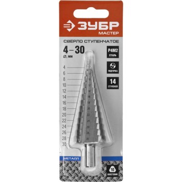 29665-4-30-14 | Сверло ступенчатое по сталям и цвет.мет., быстрорежущая сталь, d=4-30мм, 14ступ.d=4-30, L-100мм, трехгран. хв.10мм, ЗУБР МАСТЕР-3