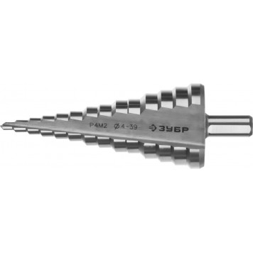 29665-4-39-14 | Сверло ступенчатое по сталям и цвет.мет., быстрорежущая сталь, d=4-39мм,14ступ.d=4-39, L -113 мм, трехгран.хв. 10мм, ЗУБР МАСТЕР-0