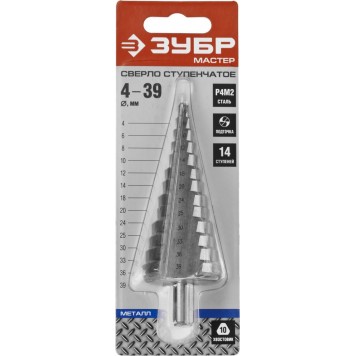 29665-4-39-14 | Сверло ступенчатое по сталям и цвет.мет., быстрорежущая сталь, d=4-39мм,14ступ.d=4-39, L -113 мм, трехгран.хв. 10мм, ЗУБР МАСТЕР-3
