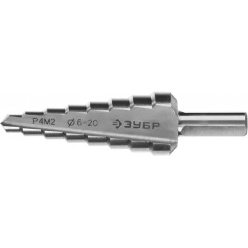 29665-6-20-8 | Сверло ступенчатое по сталям и цвет.мет., быстрорежущая сталь, d=6-20мм,8ступ.d=6-8-10-12-14-16-18-20, L-75мм,3-х гран.хв. 8мм, ЗУБР МАСТЕР-0