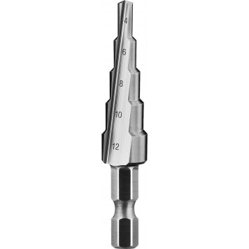29670-4-12-5_z01 | Сверло ступенчататое по сталям и цвет. мет. ст. Р6М5, d=4-12мм, 5ступ. d=4-6-8-10-12, L-65мм, шестигран.хвост.1/4", ЗУБР-4