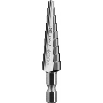 29670-4-12-9_z01 | Сверло ступенчатое по сталям и цвет. мет. ст. Р6М5, d=4-12мм, 9ступ. d=4-12, L- 65 мм, шестигран. хвост.1/4", ЗУБР-0