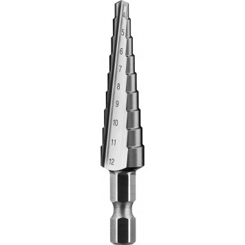 29670-4-12-9_z01 | Сверло ступенчатое по сталям и цвет. мет. ст. Р6М5, d=4-12мм, 9ступ. d=4-12, L- 65 мм, шестигран. хвост.1/4", ЗУБР-4