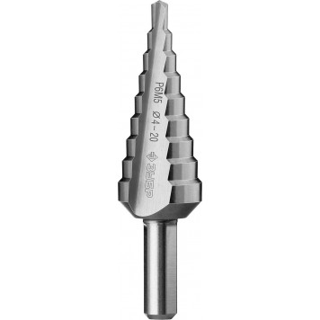 29670-4-20-9_z01 | Сверло ступенчатое по сталям и цвет. мет. ст. Р6М5, d=4-20мм, 9ступ. d=4-20, L-75 мм, трехгран. хвост. 8мм, ЗУБР-0