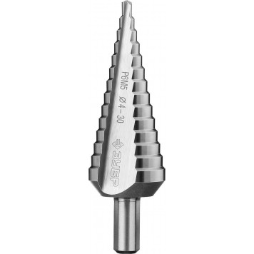 29670-4-30-14_z01 | Сверло ступенчатое по сталям и цвет. мет. ст. Р6М5, d=4-30мм, 14ступ. d=4-30, L-100мм, трехгран. хв.10мм, ЗУБР-0