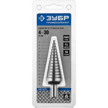 29670-4-30-14_z01 | Сверло ступенчатое по сталям и цвет. мет. ст. Р6М5, d=4-30мм, 14ступ. d=4-30, L-100мм, трехгран. хв.10мм, ЗУБР-3