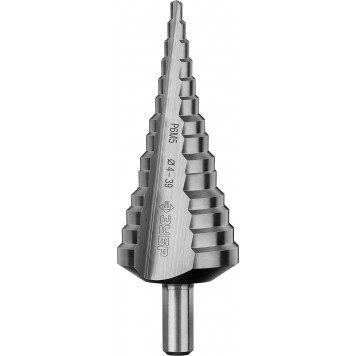 29670-4-39-14_z01 | Сверло ступенчатое по сталям и цвет. мет. ст. Р6М5, d=4- 39мм, 14ступ. d=4-39, L -113 мм, трехгран.хв. 10мм, ЗУБР-0