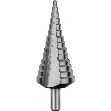 29670-4-39-14_z01 | Сверло ступенчатое по сталям и цвет. мет. ст. Р6М5, d=4- 39мм, 14ступ. d=4-39, L -113 мм, трехгран.хв. 10мм, ЗУБР-4
