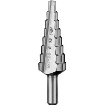 29670-6-20-8_z01 | Сверло ступенчатое по сталям и цвет. мет. ст. Р6М5, d=6-20мм, 8ступ. d=6-8-10-12-14-16-18-20, L-75мм, 3-х гран.хв. 8мм, ЗУБР-0