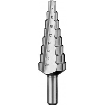 29670-6-20-8_z01 | Сверло ступенчатое по сталям и цвет. мет. ст. Р6М5, d=6-20мм, 8ступ. d=6-8-10-12-14-16-18-20, L-75мм, 3-х гран.хв. 8мм, ЗУБР-4