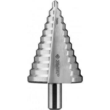 29670-6-52 | Сверло ступенчатое по сталям и цвет. мет., ст. Р6М5, 6-52, 12 ступ., трехгран. хв., L- 100 мм, 13мм, ЗУБР ПРОФЕССИОНАЛ-0