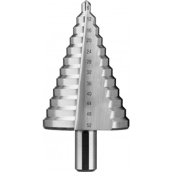 29670-6-52 | Сверло ступенчатое по сталям и цвет. мет., ст. Р6М5, 6-52, 12 ступ., трехгран. хв., L- 100 мм, 13мм, ЗУБР ПРОФЕССИОНАЛ-4