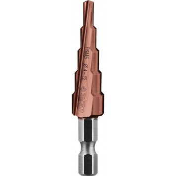 29672-4-12-5_z01 | Сверло ступен. по сталям и цвет.мет.ст.Р6М5 с.покрыт., d=4-12мм, 5ст. d=4-6-8-10-12, L-65мм, 6-тигр.хв.1/4", ЗУБР КОБАЛЬТ-0