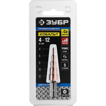 29672-4-12-5_z01 | Сверло ступен. по сталям и цвет.мет.ст.Р6М5 с.покрыт., d=4-12мм, 5ст. d=4-6-8-10-12, L-65мм, 6-тигр.хв.1/4", ЗУБР КОБАЛЬТ-3