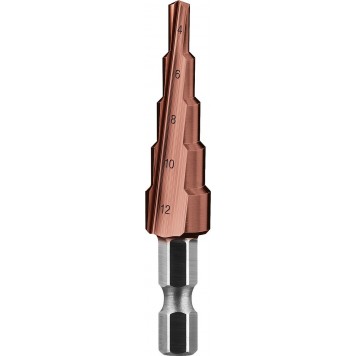 29672-4-12-5_z01 | Сверло ступен. по сталям и цвет.мет.ст.Р6М5 с.покрыт., d=4-12мм, 5ст. d=4-6-8-10-12, L-65мм, 6-тигр.хв.1/4", ЗУБР КОБАЛЬТ-4