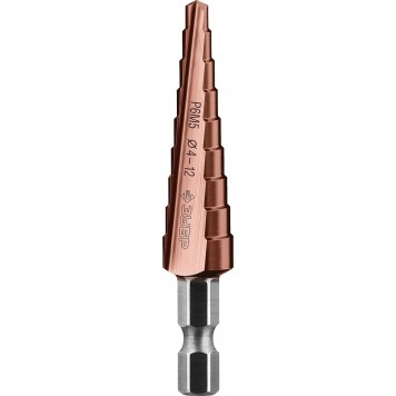 29672-4-12-9_z01 | Сверло ступен. по сталям и цвет.мет.ст.Р6М5 с.покрыт., d=4-12мм, 9ст. d=4-12, L-65мм, 6-тигр.хв.1/4", ЗУБР КОБАЛЬТ-0