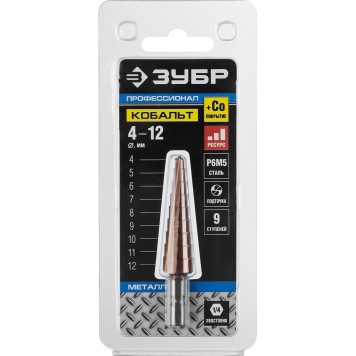 29672-4-12-9_z01 | Сверло ступен. по сталям и цвет.мет.ст.Р6М5 с.покрыт., d=4-12мм, 9ст. d=4-12, L-65мм, 6-тигр.хв.1/4", ЗУБР КОБАЛЬТ-3