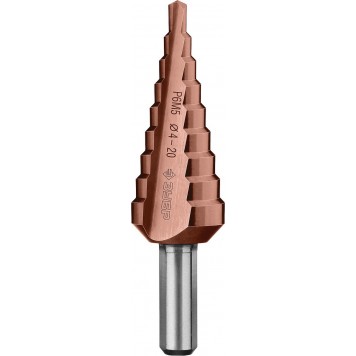 29672-4-20-9_z01 | Сверло ступен. по сталям и цвет.мет.ст.Р6М5 с.покрыт., d=4-20мм, 9ст. d=4-20, L-75мм, 3-хгр.хв.8мм, ЗУБР КОБАЛЬТ-0