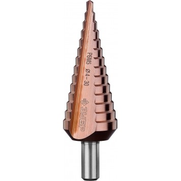 29672-4-30-14_z01 | Сверло ступен. по сталям и цвет.мет.ст.Р6М5 с.покрыт., d=4-30мм,14ст. d=4-30, L-100мм, трехгр.хв.10мм, ЗУБР КОБАЛЬТ-0