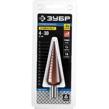 29672-4-30-14_z01 | Сверло ступен. по сталям и цвет.мет.ст.Р6М5 с.покрыт., d=4-30мм,14ст. d=4-30, L-100мм, трехгр.хв.10мм, ЗУБР КОБАЛЬТ-3