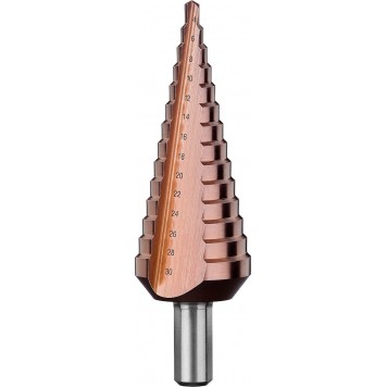 29672-4-30-14_z01 | Сверло ступен. по сталям и цвет.мет.ст.Р6М5 с.покрыт., d=4-30мм,14ст. d=4-30, L-100мм, трехгр.хв.10мм, ЗУБР КОБАЛЬТ-4