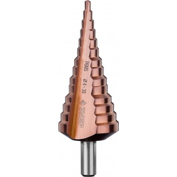 29672-4-39-14_z01 | Сверло ступен. по сталям и цвет.мет.ст.Р6М5 с.покрыт., d=4-39мм,14ст. d=4-39, L-113мм, 3-хгран.хв.10мм, ЗУБР КОБАЛЬТ-0