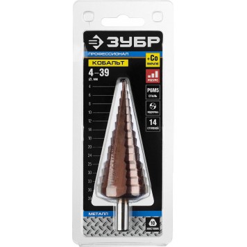 29672-4-39-14_z01 | Сверло ступен. по сталям и цвет.мет.ст.Р6М5 с.покрыт., d=4-39мм,14ст. d=4-39, L-113мм, 3-хгран.хв.10мм, ЗУБР КОБАЛЬТ-3