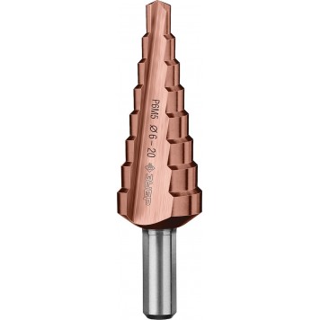 29672-6-20-8_z01 | Сверло ступен. по сталям и цвет.мет.ст.Р6М5 с.покрыт., d=6-20мм, 8ст. d=6-20, L-75мм, трехгран.хв.8мм, ЗУБР КОБАЛЬТ-0