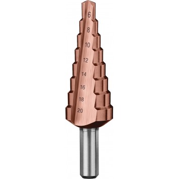 29672-6-20-8_z01 | Сверло ступен. по сталям и цвет.мет.ст.Р6М5 с.покрыт., d=6-20мм, 8ст. d=6-20, L-75мм, трехгран.хв.8мм, ЗУБР КОБАЛЬТ-4