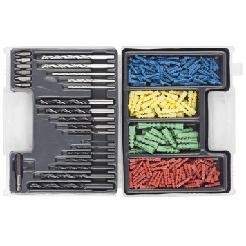 2970-H300 | Набор: Сверла комбинированные, по металлу 7шт, по дереву 5шт, по кирпичу 5шт, биты 6шт, дюбели 277шт, DEXX-0