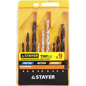 29720-H9 | Набор: Сверла комбинированные, дерево (4-6-8мм), металл (4-6-8мм), бетон (4-6-8мм), 9 предметов, STAYER STANDARD-0