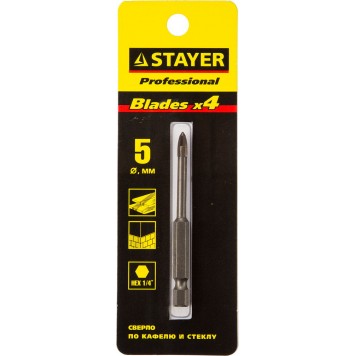 2985-05_z01 | Сверло по кафелю, керамике, стеклу, с четырьмя режущими лезвиями, шестигранный хвостовик, 5 мм, STAYER PROFESSIONAL-1