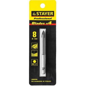 2985-08_z01 | Сверло по кафелю, керамике, стеклу, с четырьмя режущими лезвиями, шестигранный хвостовик, 8 мм, STAYER PROFESSIONAL-1