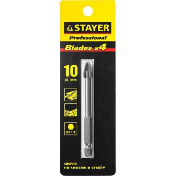 2985-10_z01 | Сверло по кафелю, керамике, стеклу, с четырьмя режущими лезвиями, шестигранный хвостовик, 10 мм, STAYER PROFESSIONAL-0