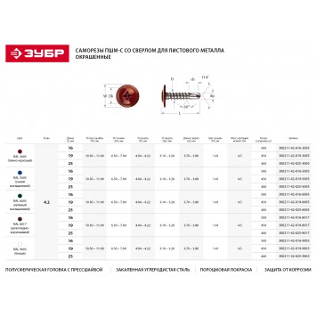 300211-42-025-9003 | Саморезы со сверлом для листового металла, 25 х 4.2 мм, 400 шт, RAL-9003 белый, ЗУБР ПШМ-С-1
