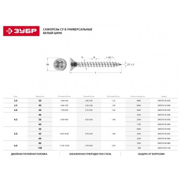 300370-50-030 | Саморезы универсальные, 30 x 5.0 мм, 6 000 шт, белый цинк, ЗУБР СУ-Б-1