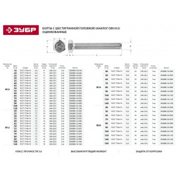 303080-10-080 | Болт ГОСТ 7798-70, M10 x 80 мм, 5 кг, кл. пр. 5.8, оцинкованный, ЗУБР МАСТЕР-1