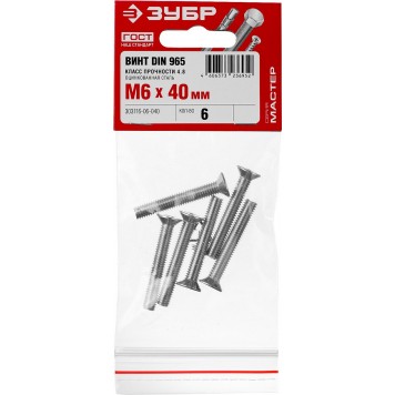303116-06-040 | Винт DIN 965, M6 x 40 мм, 6 шт, кл. пр. 4.8, оцинкованный, ЗУБР МАСТЕР-4