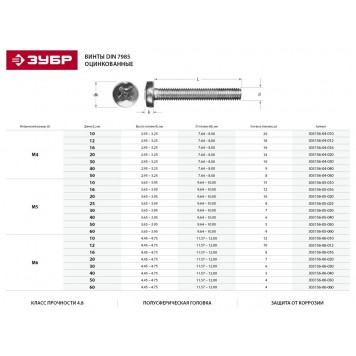 303156-04-020 | Винт DIN 7985 M4x20мм, 14шт, кл. пр. 4.8, оцинкованный, ЗУБР МАСТЕР-1