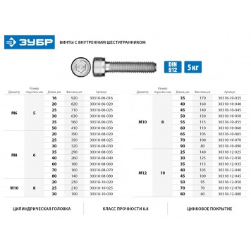 30318-08-070 | Винт DIN 912, М8x70 мм, 5 кг (160 шт.), кл. пр. 8.8, оцинкованный, ЗУБР-1