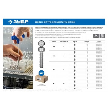 30318-10-025 | Винт DIN 912, М10x25 мм, 5 кг (210 шт.), кл. пр. 8.8, оцинкованный, ЗУБР-2